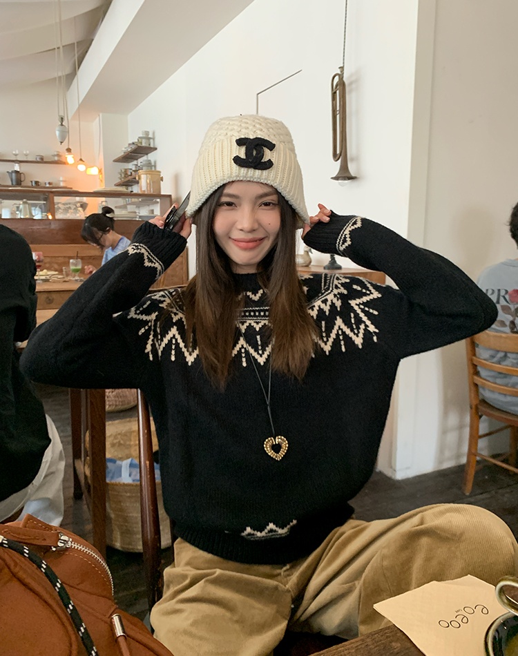 Jacquard black tops loose lazy sweater for women