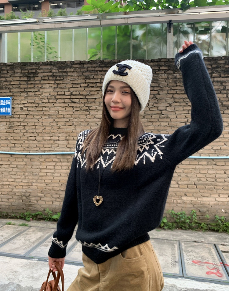 Jacquard black tops loose lazy sweater for women