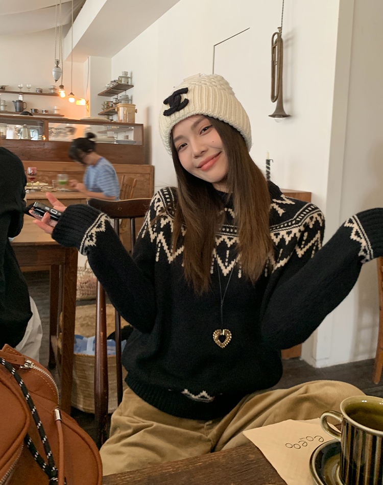 Jacquard black tops loose lazy sweater for women