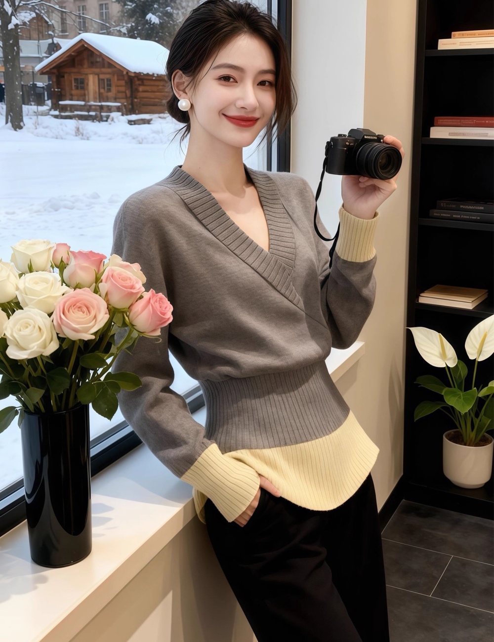 Cross winter slim sweater mixed colors gray V-neck tops