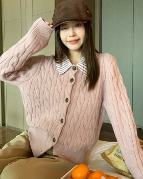 Pseudo-two pink cardigan knitted coat for women