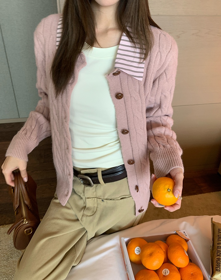 Pseudo-two pink cardigan knitted coat for women