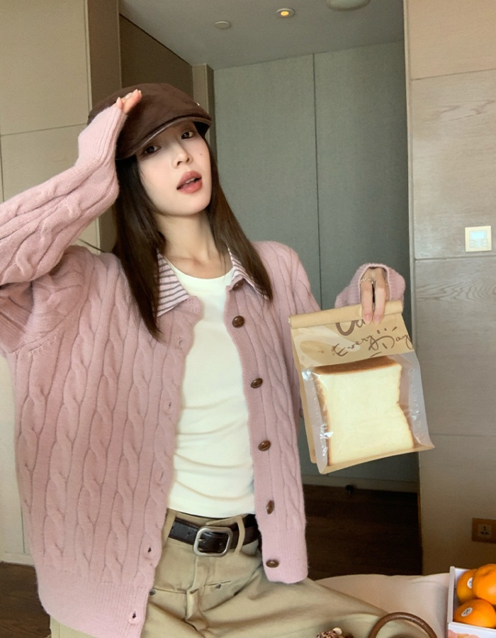 Pseudo-two pink cardigan knitted coat for women