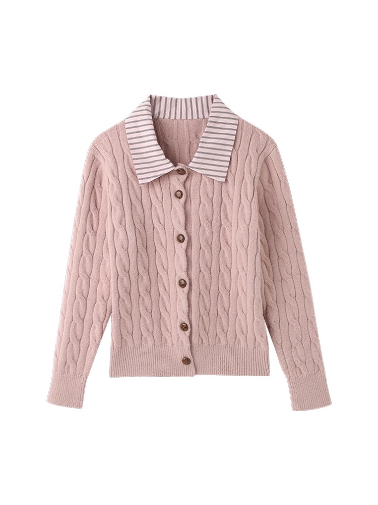 Pseudo-two pink cardigan knitted coat for women