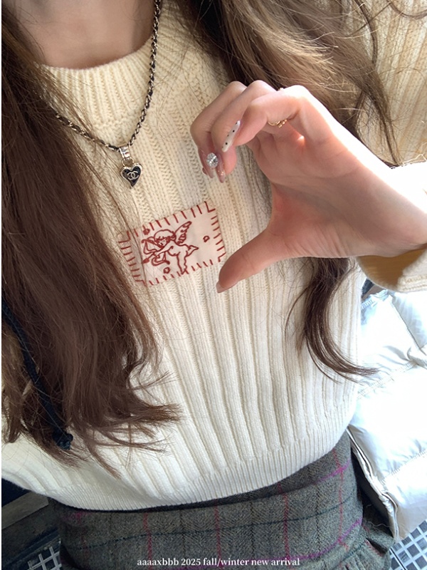 Knitted pullover sweater long sleeve embroidery tops