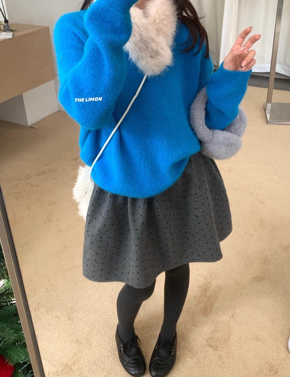 Plush collar thermal slim red sweater for women