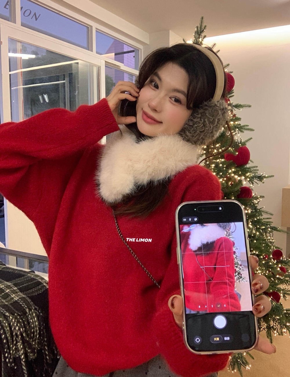 Plush collar thermal slim red sweater for women