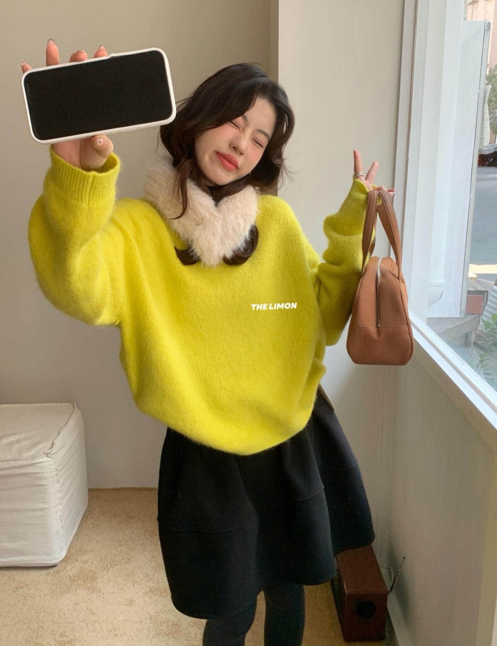 Plush collar thermal slim red sweater for women