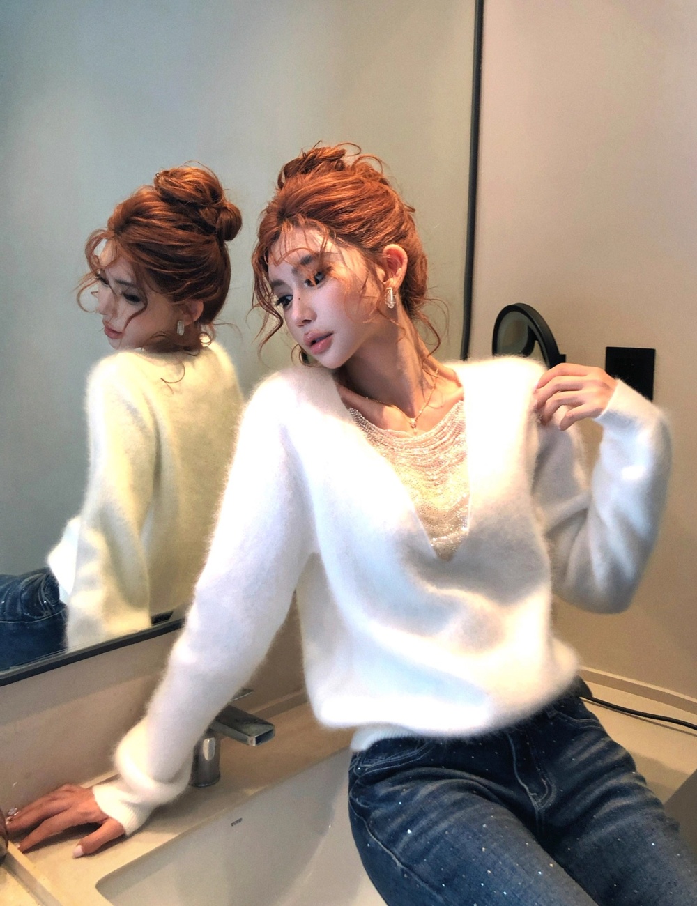 Autumn and winter rabbit fur sweater slim wool tops