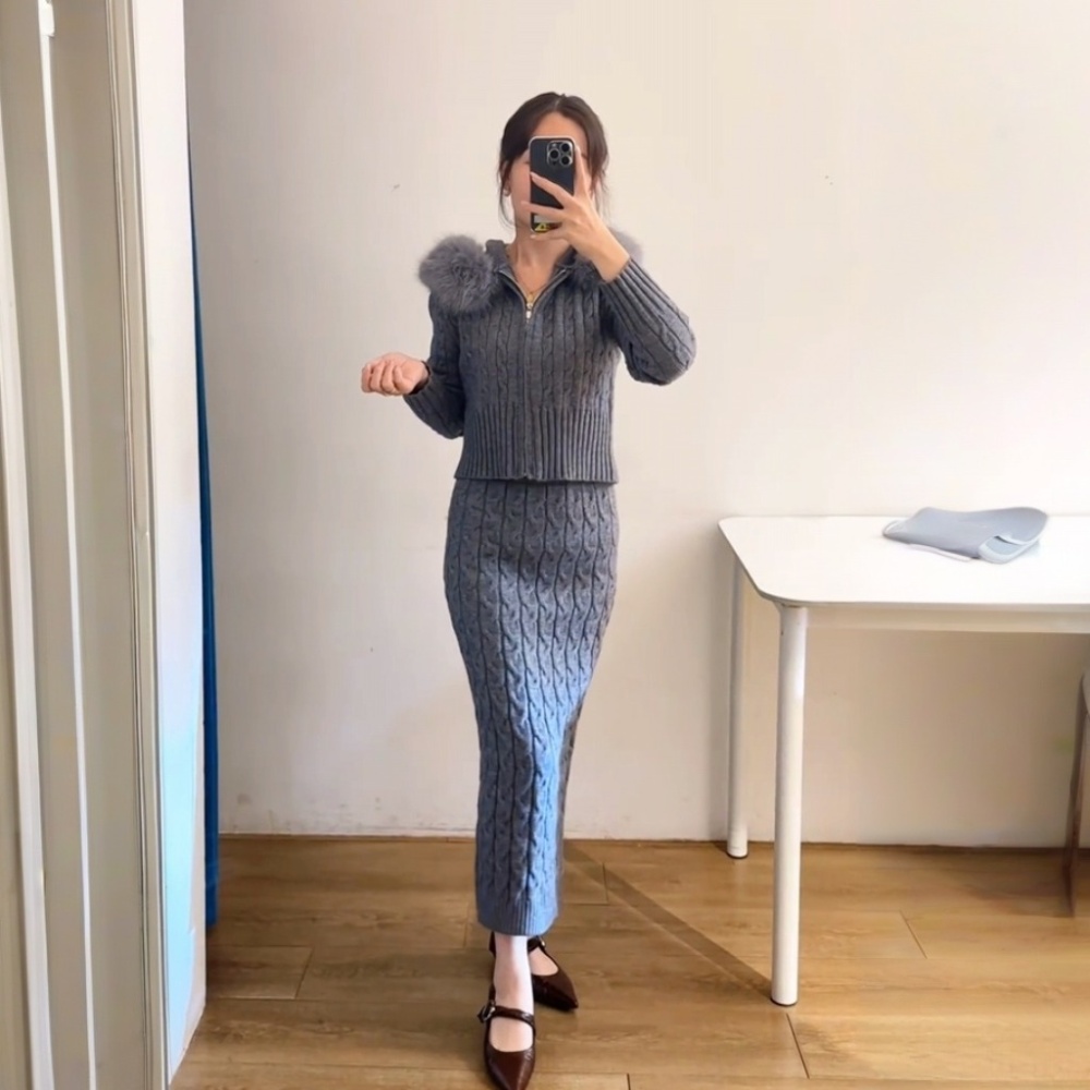 Zip hooded twist tops knitted elmo coat a set