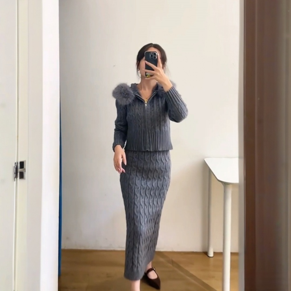 Zip hooded twist tops knitted elmo coat a set