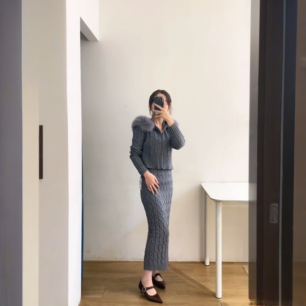 Zip hooded twist tops knitted elmo coat a set