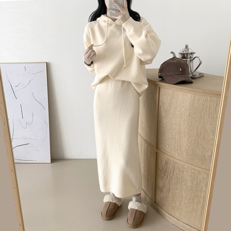 Hooded retro hoodie high waist skirt 2pcs set