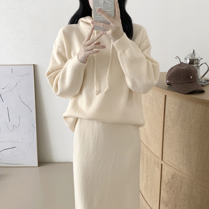 Hooded retro hoodie high waist skirt 2pcs set