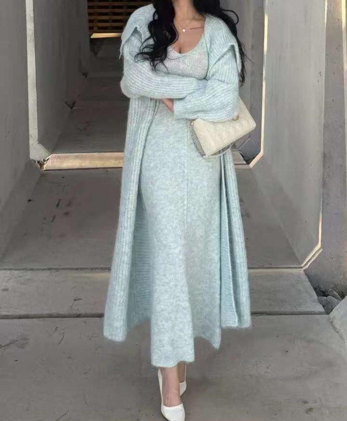 V-neck fashion sweater long knitted coat 2pcs set for women
