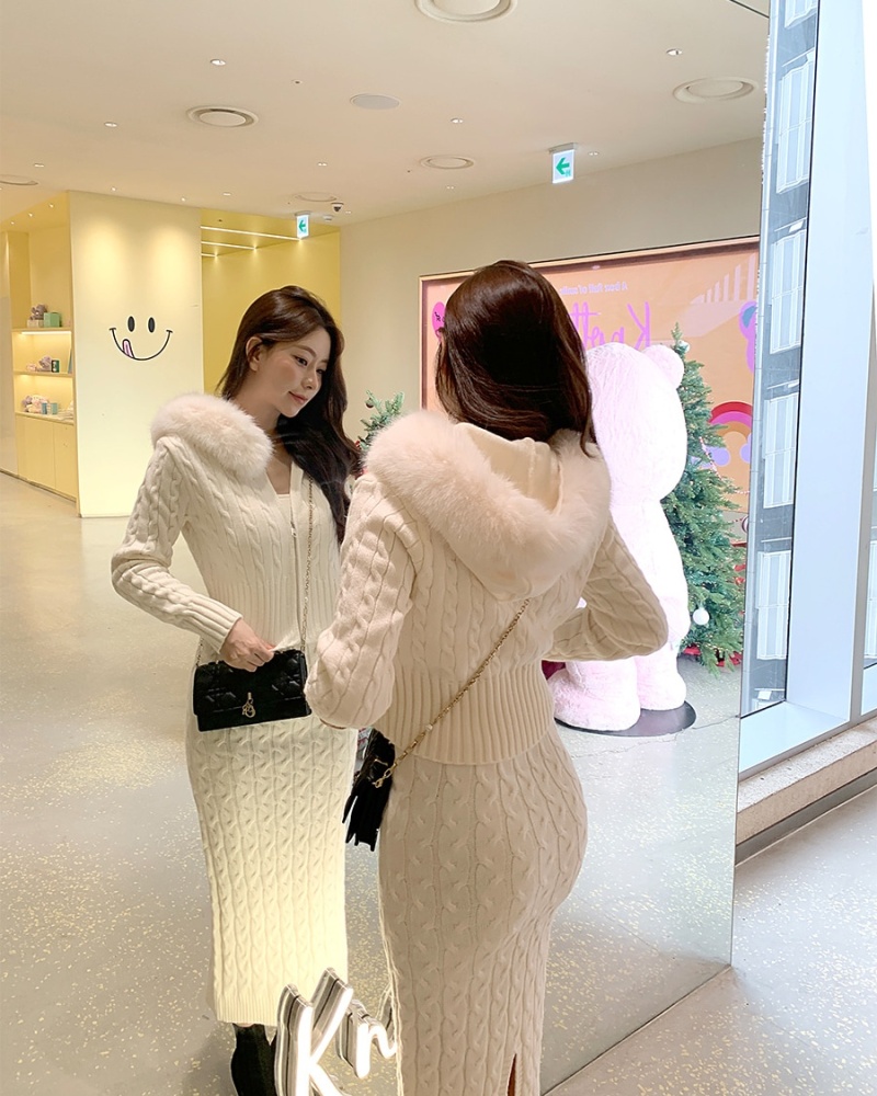 Winter jacket large fur collar skirt a set for women