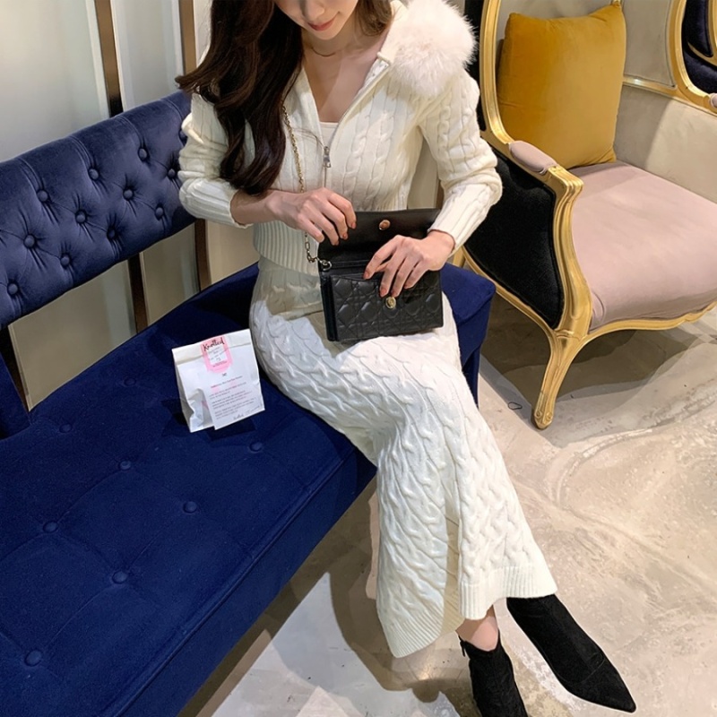 Winter jacket large fur collar skirt a set for women