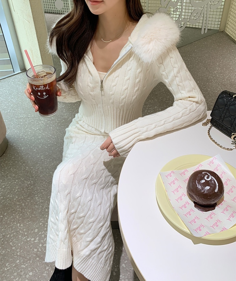 Winter jacket large fur collar skirt a set for women