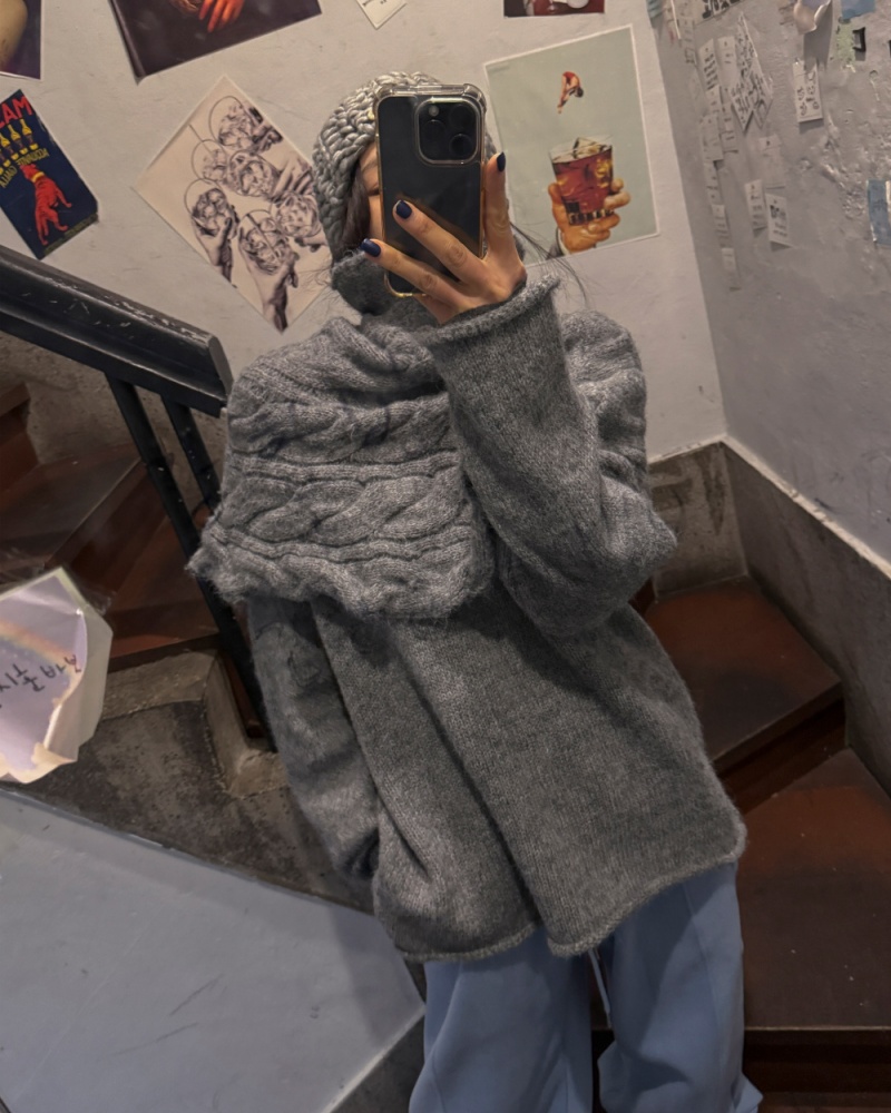 Twist high collar shawl pullover loose sweater 2pcs set