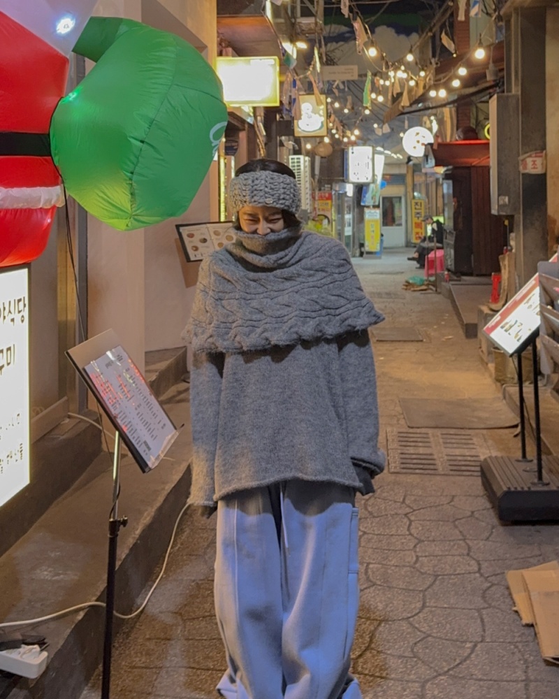 Twist high collar shawl pullover loose sweater 2pcs set