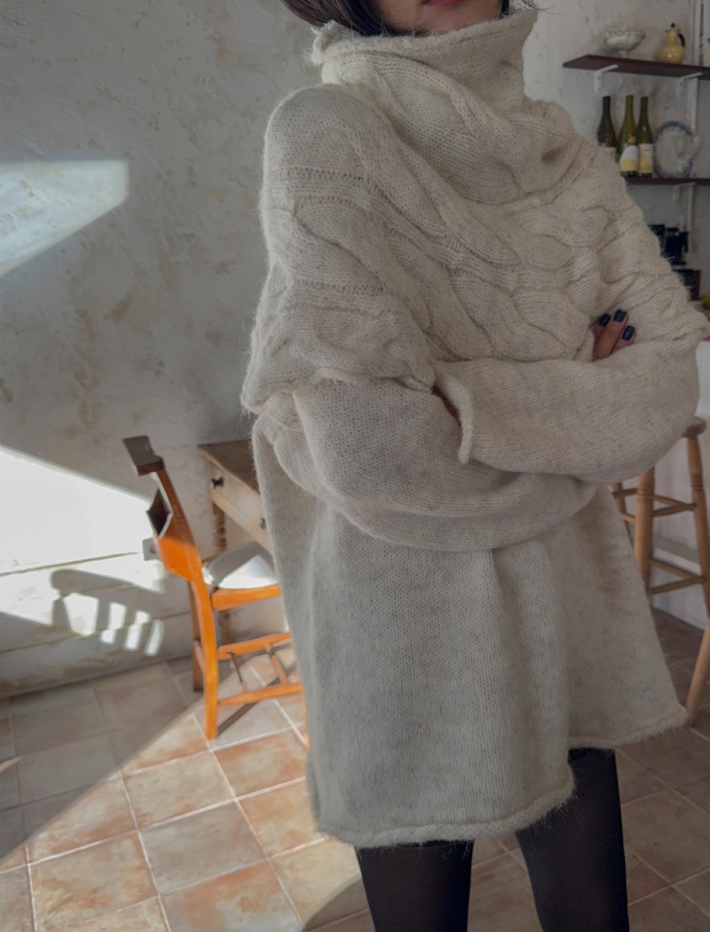 Twist high collar shawl pullover loose sweater 2pcs set