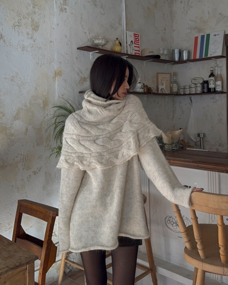 Twist high collar shawl pullover loose sweater 2pcs set