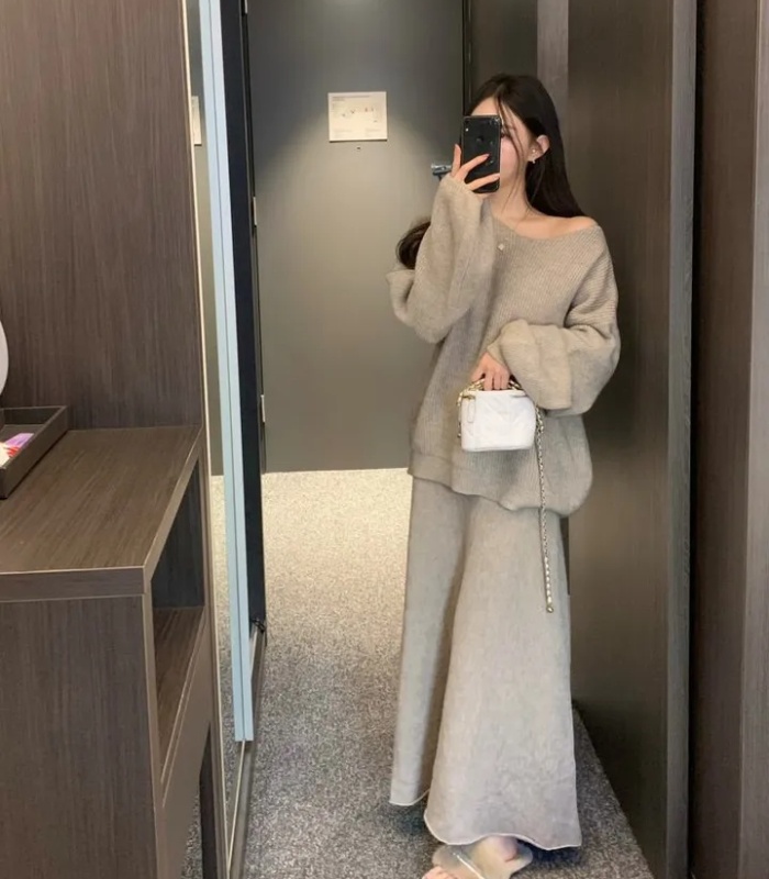 Slim fashion sweater all-match skirt a set for women