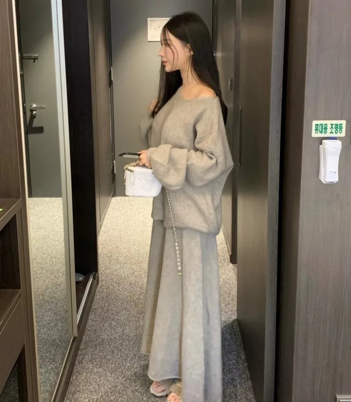 Slim fashion sweater all-match skirt a set for women