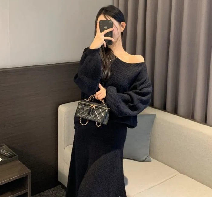 Slim fashion sweater all-match skirt a set for women