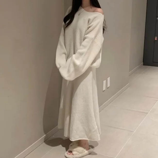 Slim fashion sweater all-match skirt a set for women
