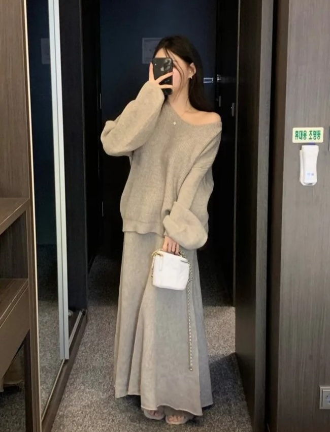 Slim fashion sweater all-match skirt a set for women