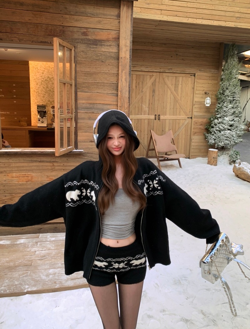 Lazy retro sweater zip shorts 2pcs set for women