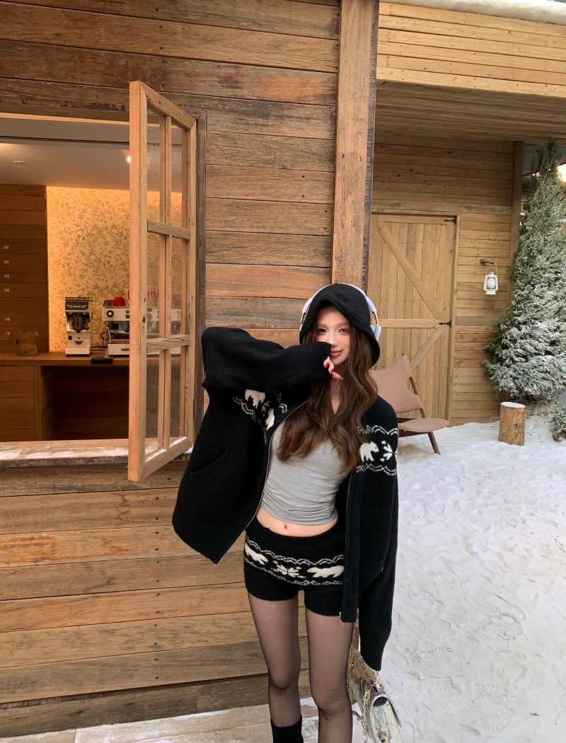 Lazy retro sweater zip shorts 2pcs set for women