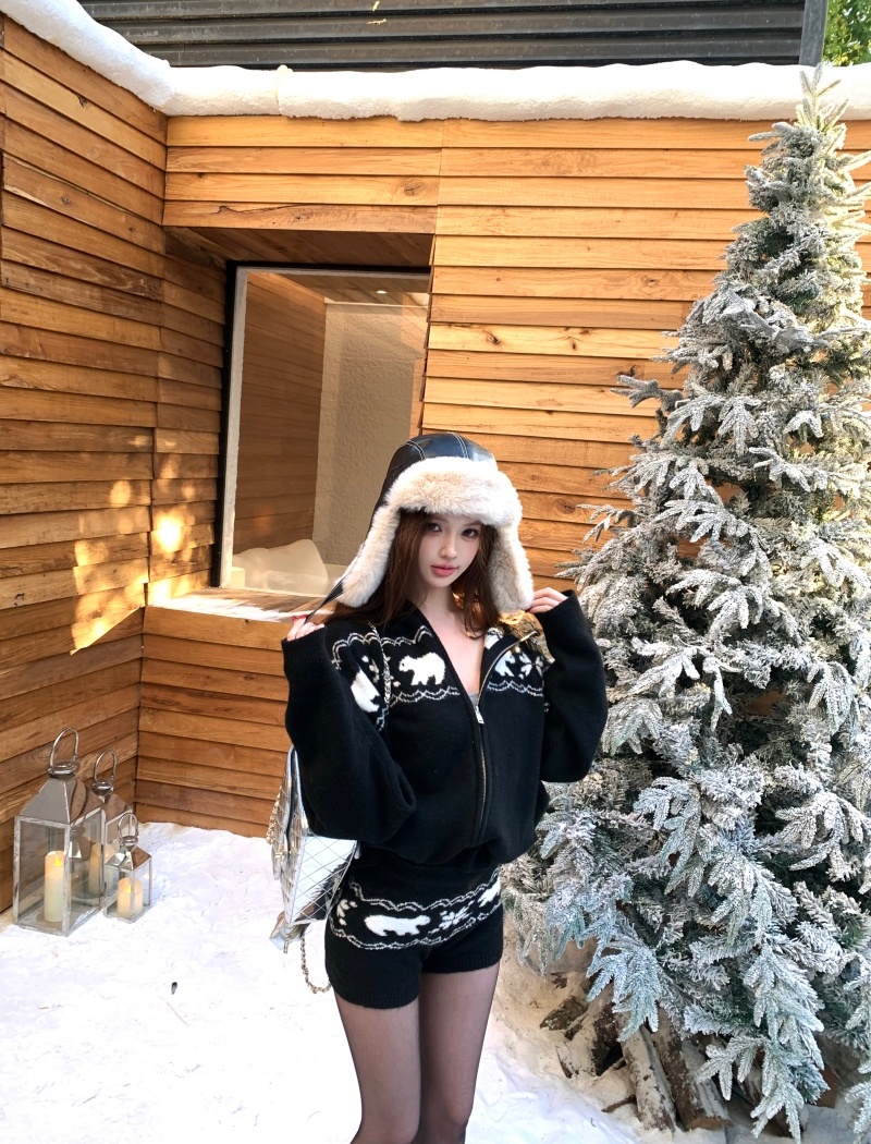 Lazy retro sweater zip shorts 2pcs set for women