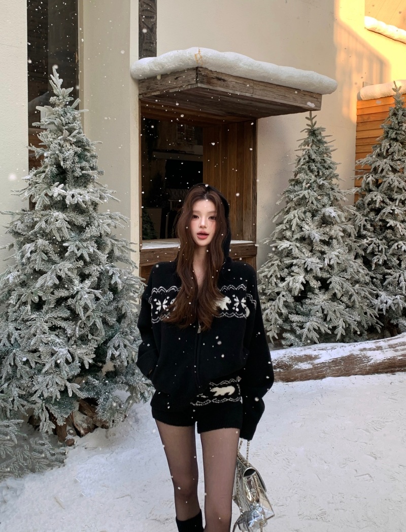 Lazy retro sweater zip shorts 2pcs set for women