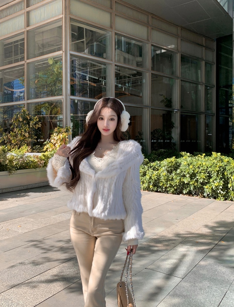 Hooded weave fur coat elmo rabbit fur coat