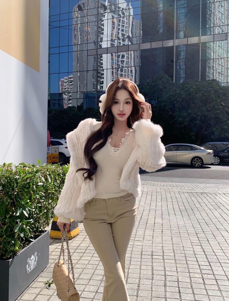 Hooded weave fur coat elmo rabbit fur coat