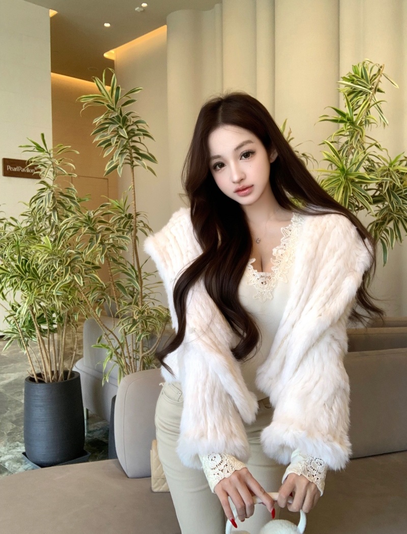 Hooded weave fur coat elmo rabbit fur coat