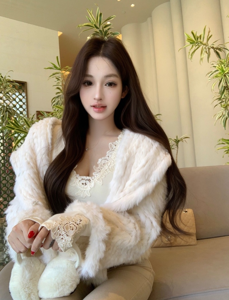 Hooded weave fur coat elmo rabbit fur coat