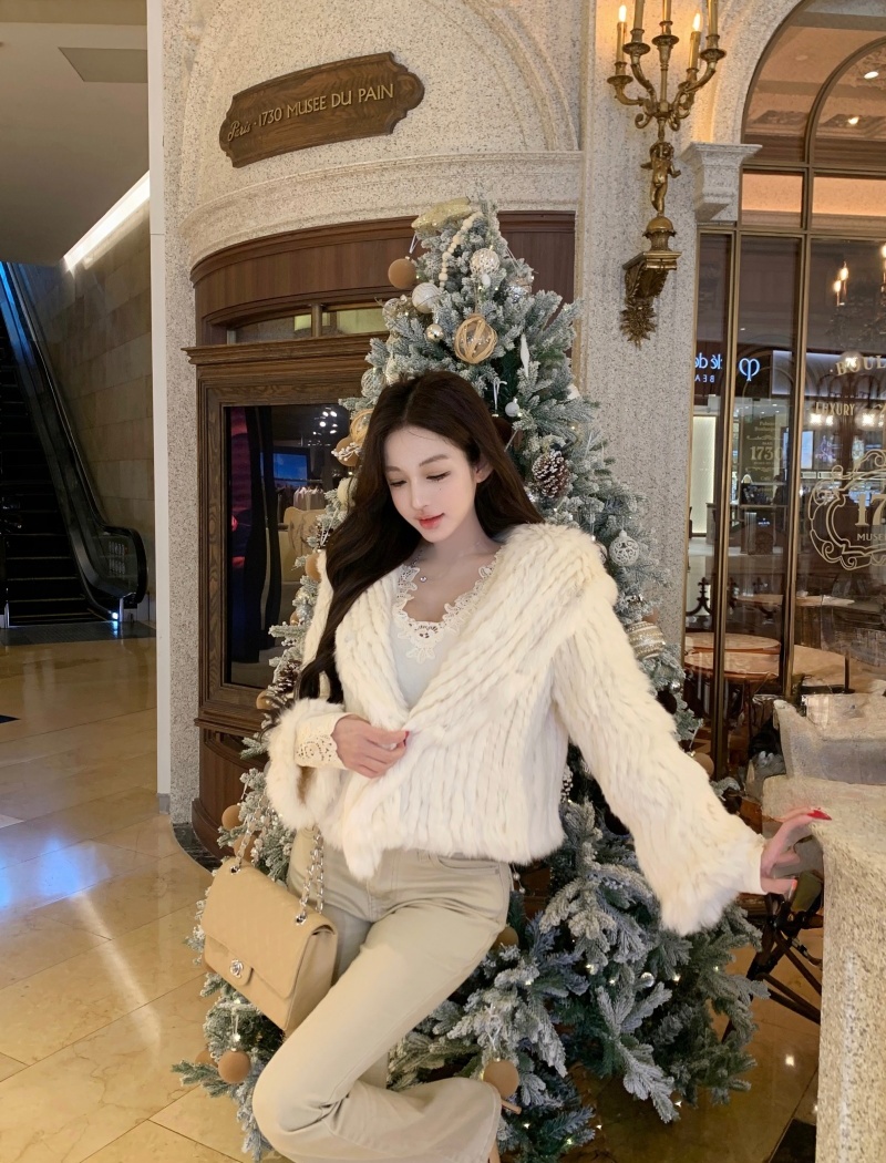 Hooded weave fur coat elmo rabbit fur coat