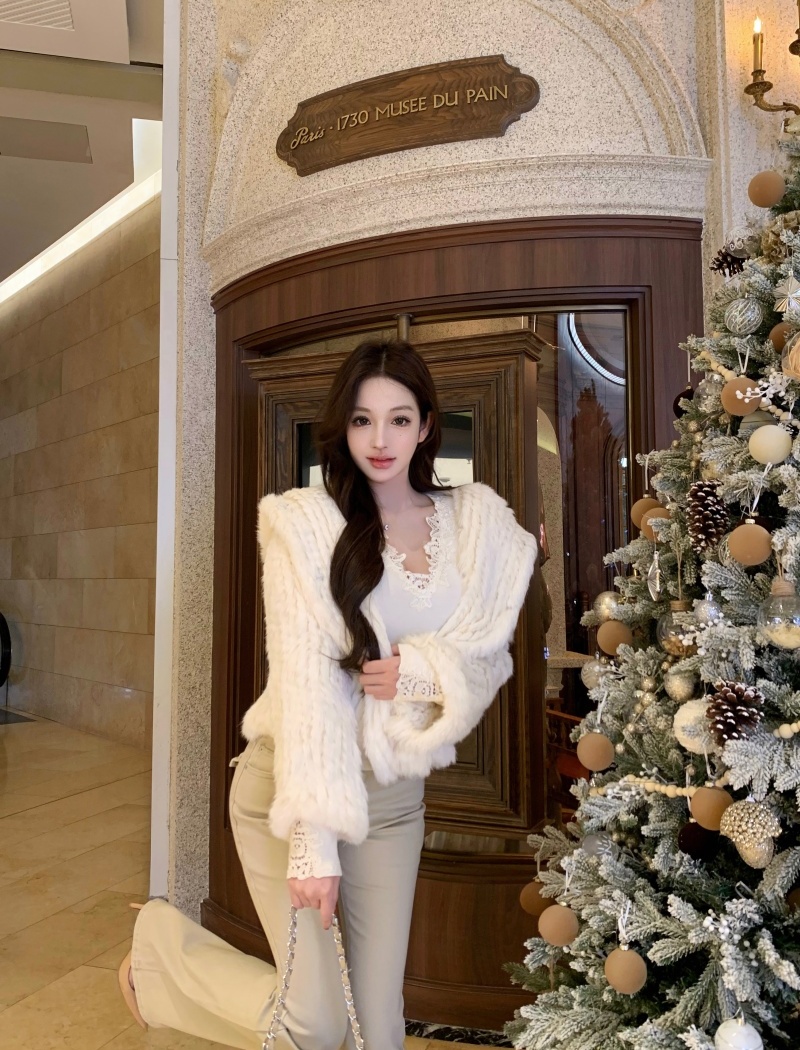 Hooded weave fur coat elmo rabbit fur coat