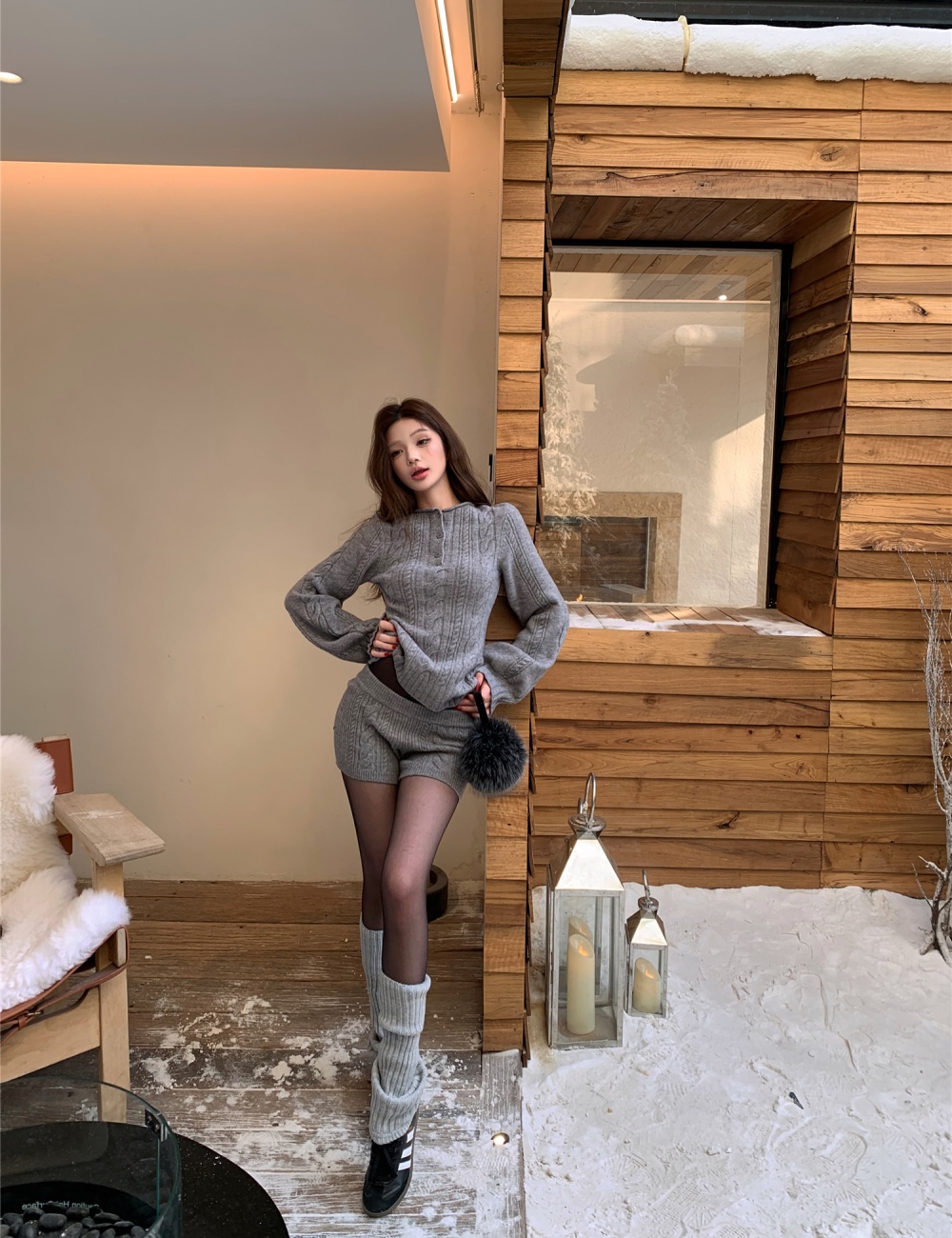 Gray slim shorts pullover twist tops 2pcs set for women