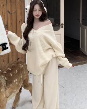 V-neck lazy tops knitted Casual casual pants 2pcs set for women