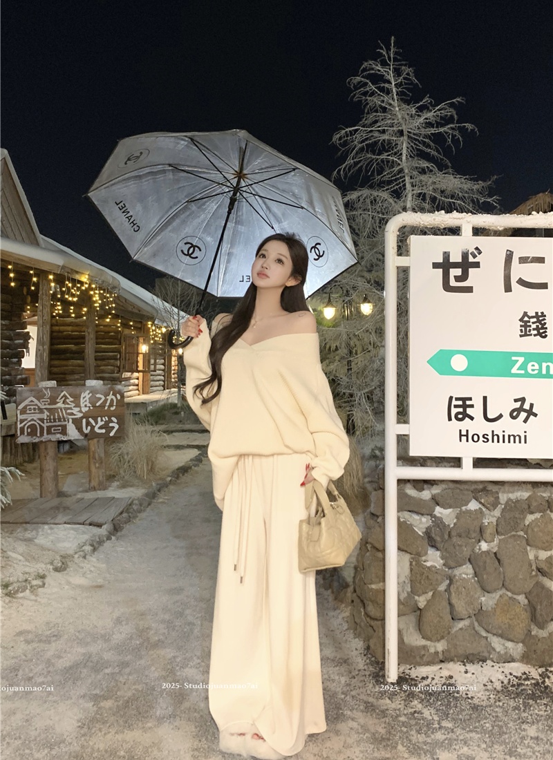 V-neck lazy tops knitted Casual casual pants 2pcs set for women