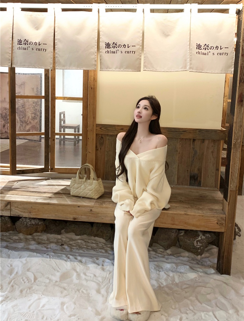 V-neck lazy tops knitted Casual casual pants 2pcs set for women