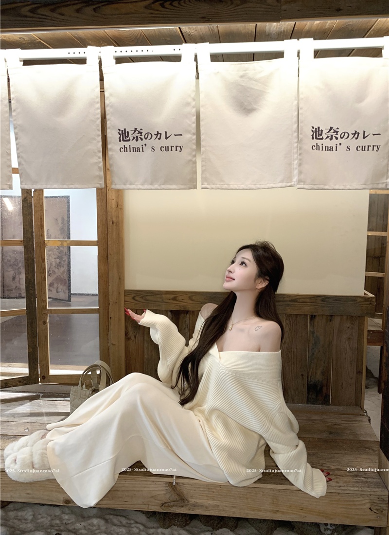 V-neck lazy tops knitted Casual casual pants 2pcs set for women