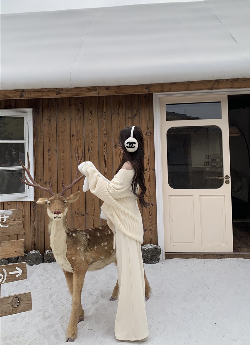 V-neck lazy tops knitted Casual casual pants 2pcs set for women