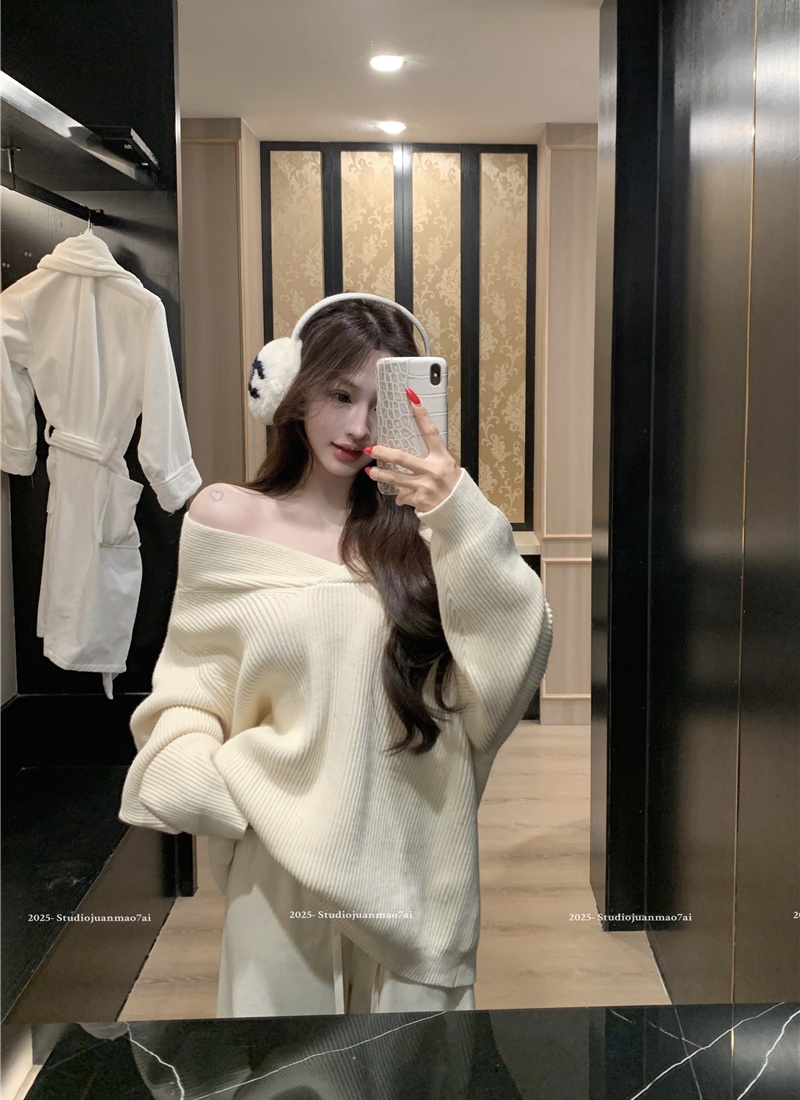 V-neck lazy tops knitted Casual casual pants 2pcs set for women