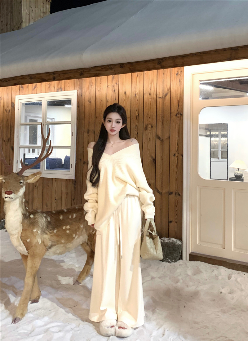 V-neck lazy tops knitted Casual casual pants 2pcs set for women