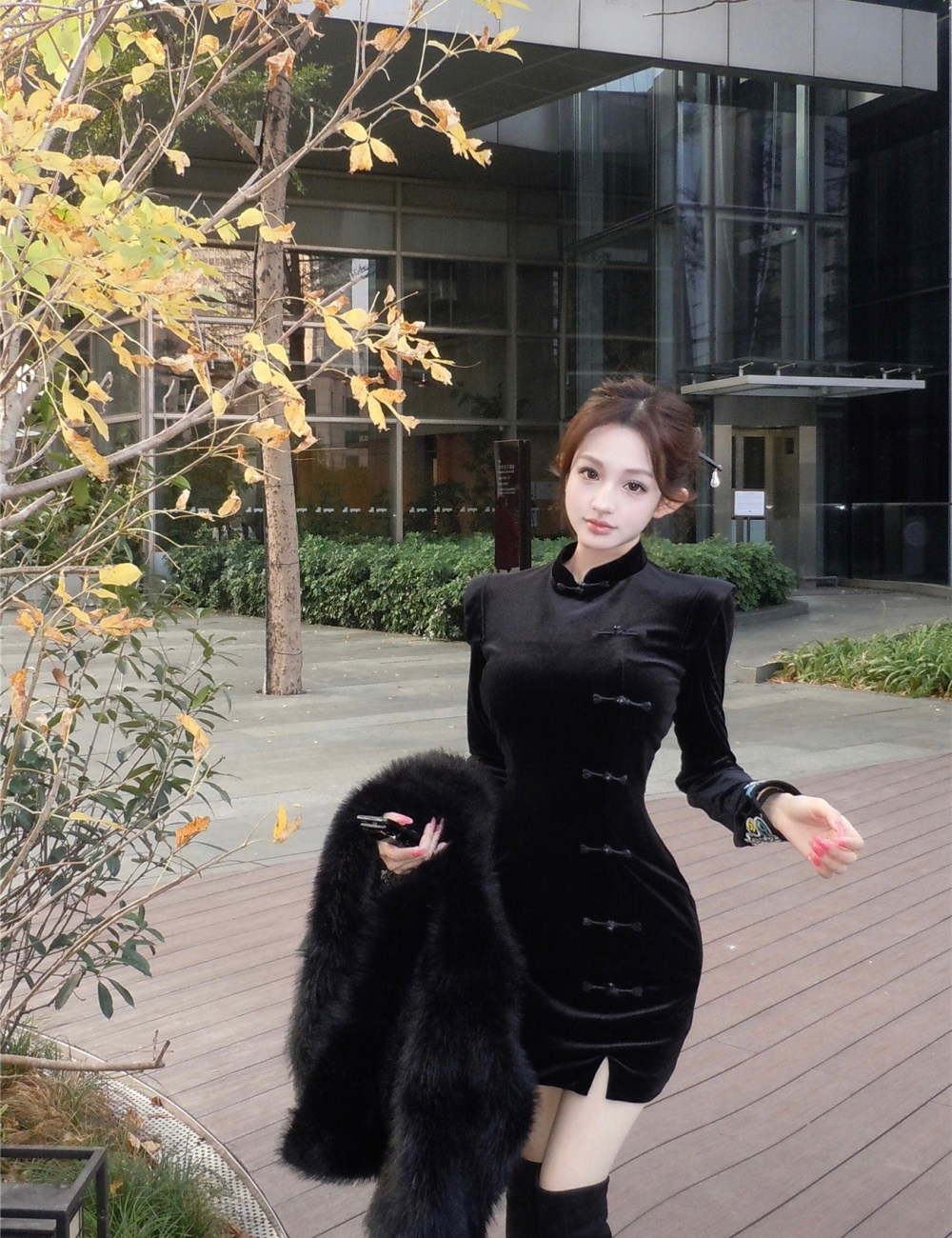 Cstand collar black dress retro Chinese style cheongsam